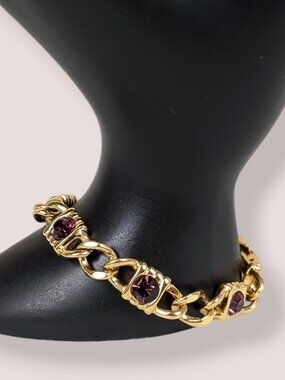 Vintage Gold Tone "Lock" Link Purple Stone Bracelet